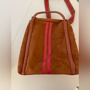 Who What Wear - Faux Leather Suede Tote/Travel Bag - Brown with Red Stripe
